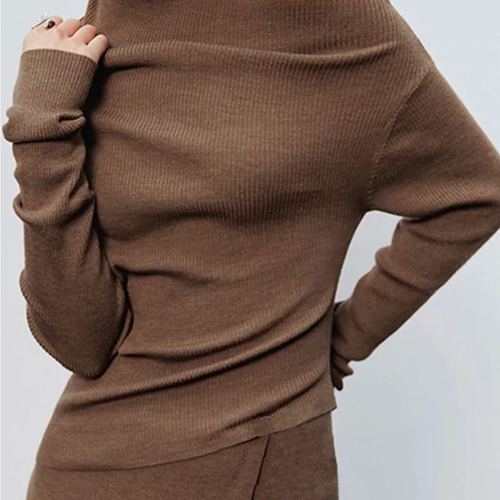 Caramel Asymmetric Neckline Long Sleeve Knit Top Brown Ribbed Women Sweater